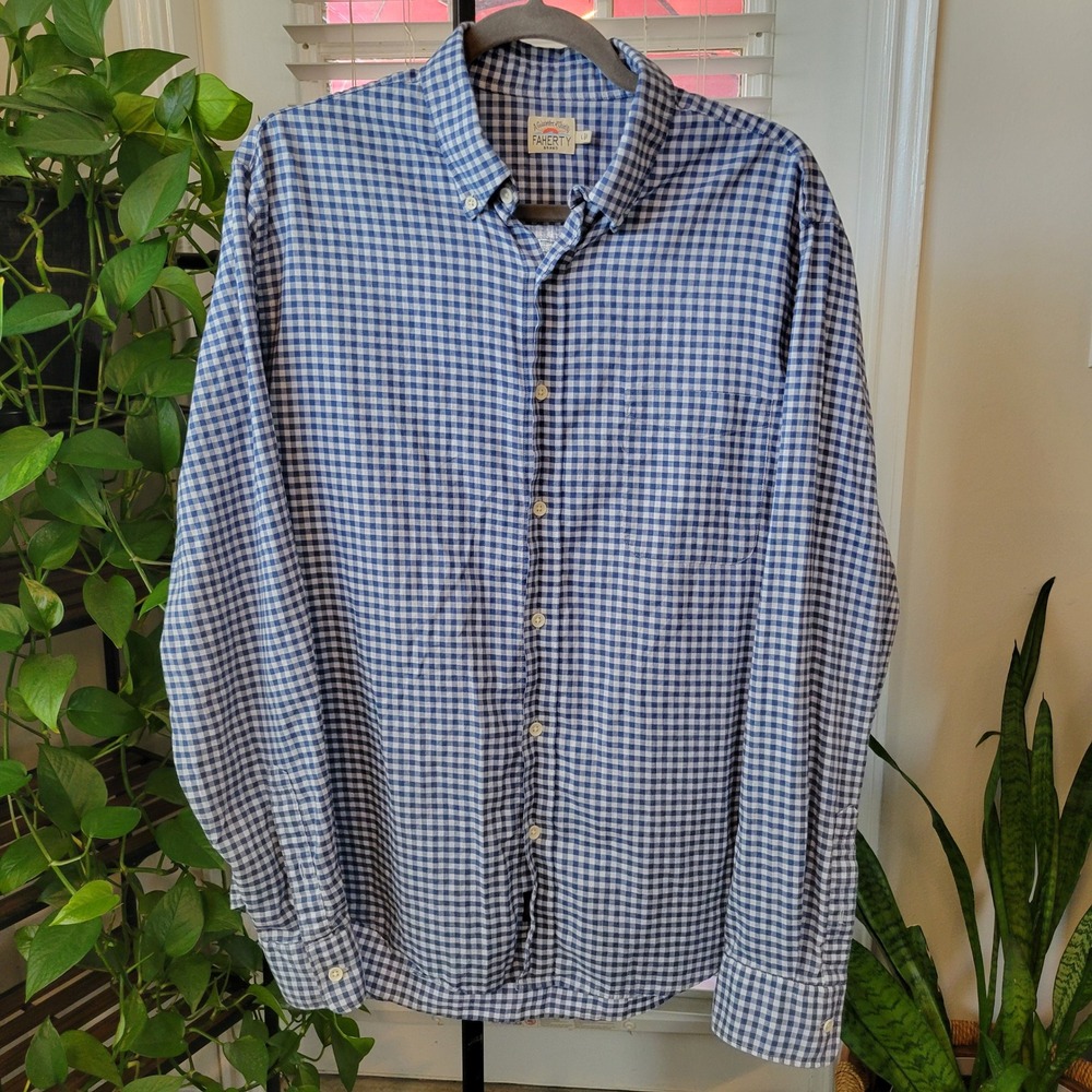 Faherty Brand Mens Blue Gingham Button Down Shirt Stretch L